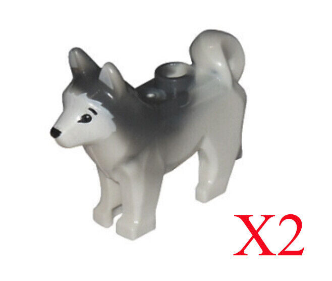 Lego White Husky Dog with Marbled Gray Ears and Back Animal Minifigure Lot Of 2