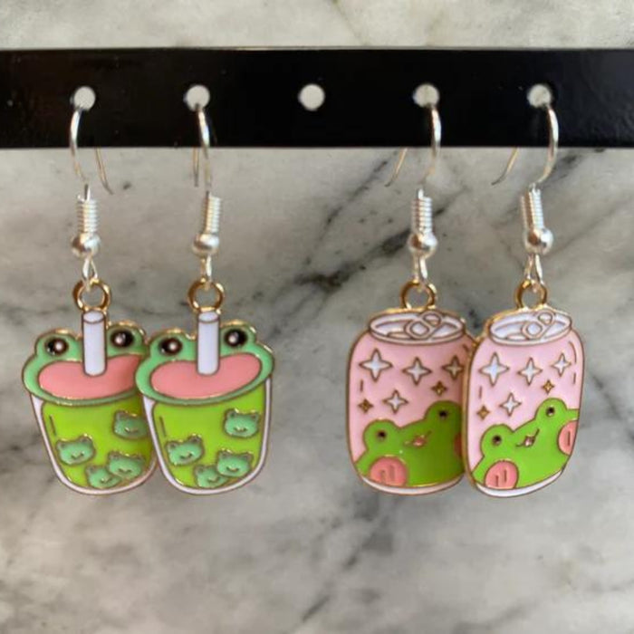 Brickohaulic Frog Bubble Tea and Soda Earrings Handmade with LEGO® Bricks Parts