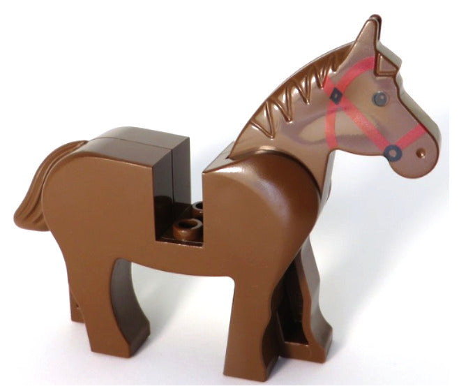 Lego Brown Horse with Black Eyes, Red Bridle Pattern Animal Minifigure Figure