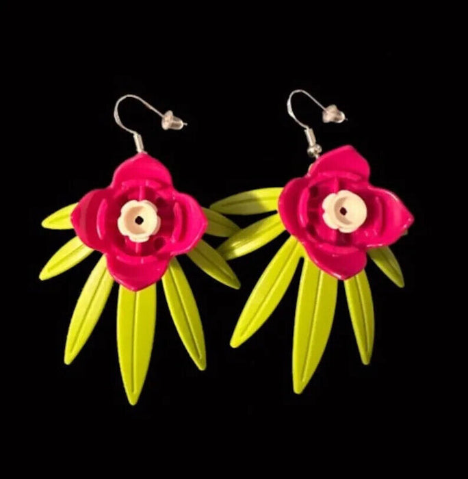 Brickohaulic Tropical Flower Dangle Earrings Handmade with LEGO® Bricks Parts